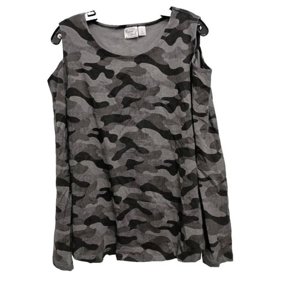 Women‎ with Control Top Women XL Gray Camouflage Long SleeveCold Shoulder Camo